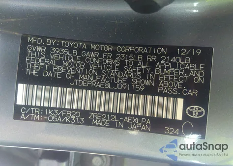 2020 Toyota Corolla Le from USA, damaged, VIN JTDEPRAE8LJ091159